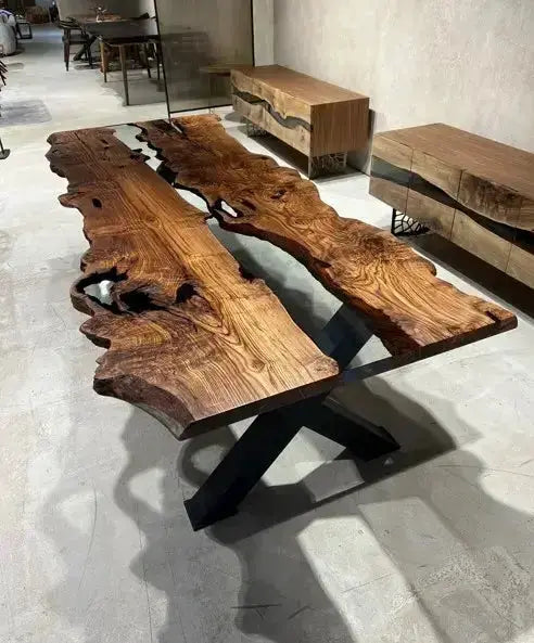 Live Edge, Epoxy Resin River Dining Room Table Made Of Chestnut Wood, photo 5 of 11