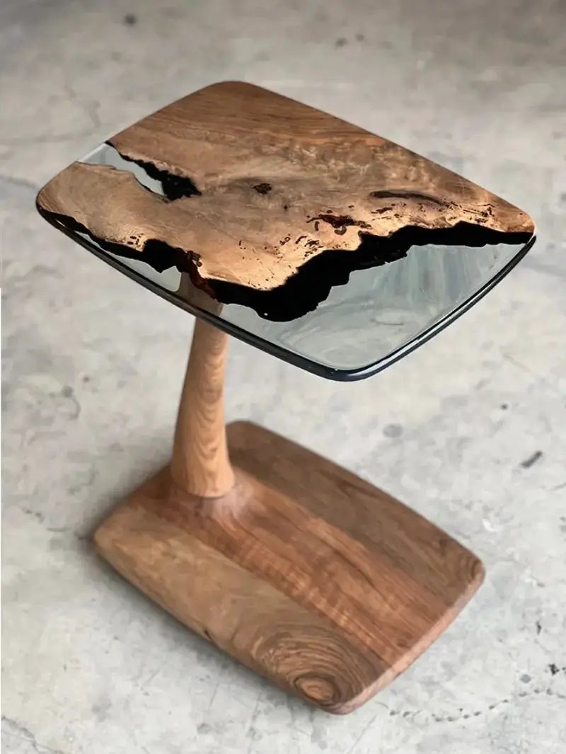 C-Shaped Walnut & Resin End Table with Wheels by Gizz