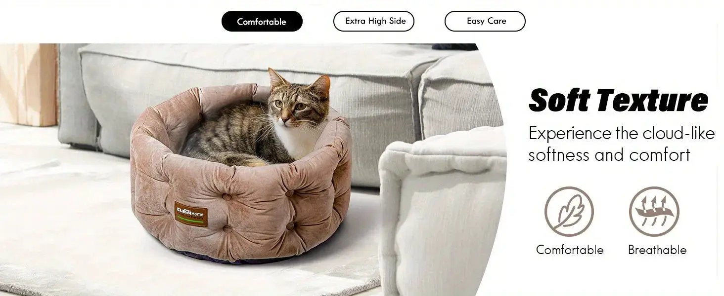ClevaHome Deep Nest Cat Bed for Small Pets up to 15lbs - Round Cat Beds for Indoor Cats, Luxurious Velvet Feel, Extra High Sides, Machine Washable Comfort Pet Bed with Non-Slip Bottom by House Of Avana