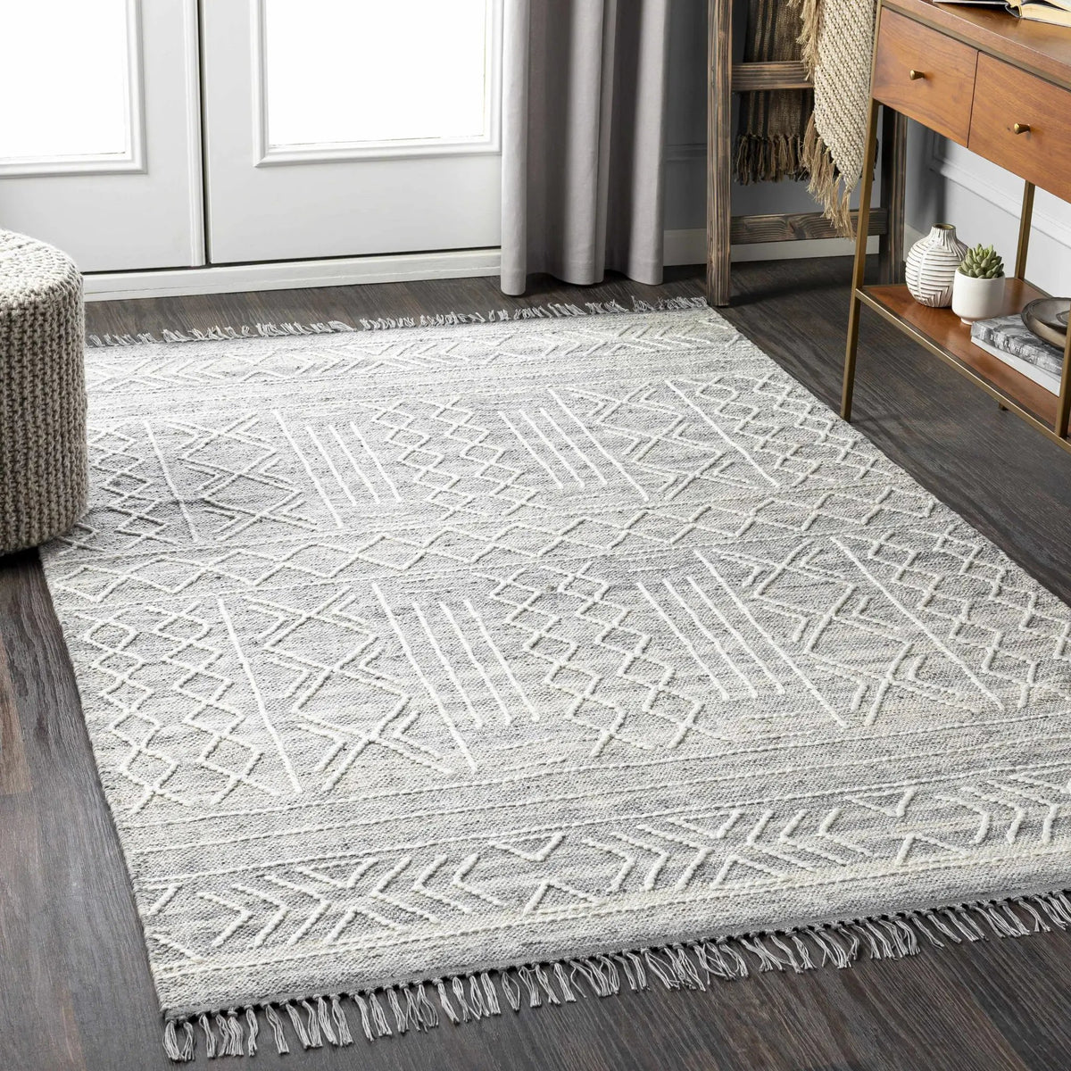 Gray Clintwood Wool Tassel Carpet - Clearance, installed in a room