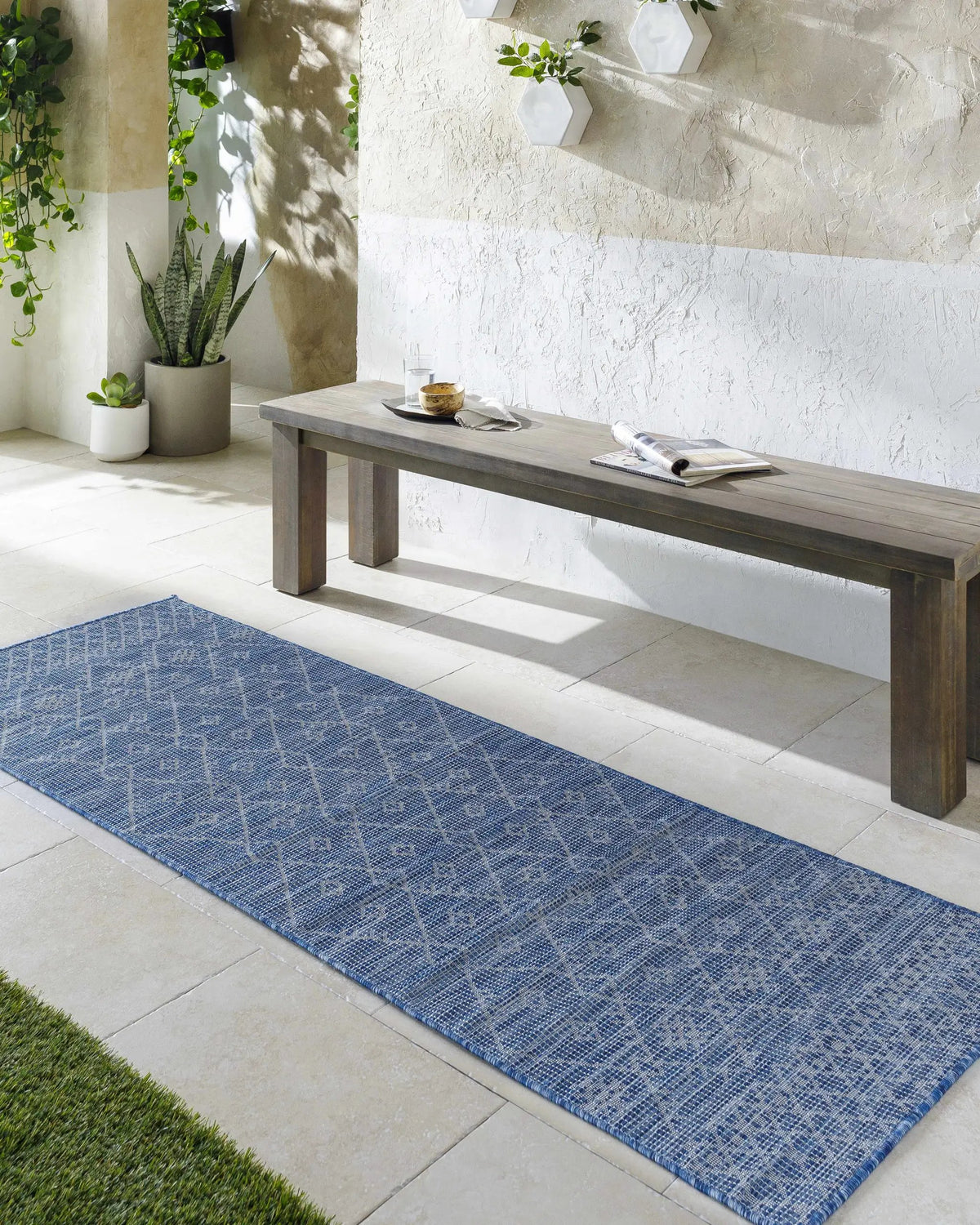 Lorena Blue Flatweave Trellis Outdoor Area Carpet - Clearance, installed in a room 2