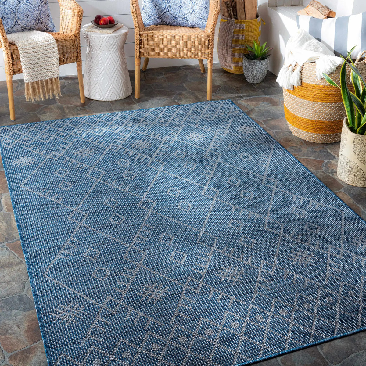 Lorena Blue Flatweave Trellis Outdoor Area Carpet - Clearance, installed in a room