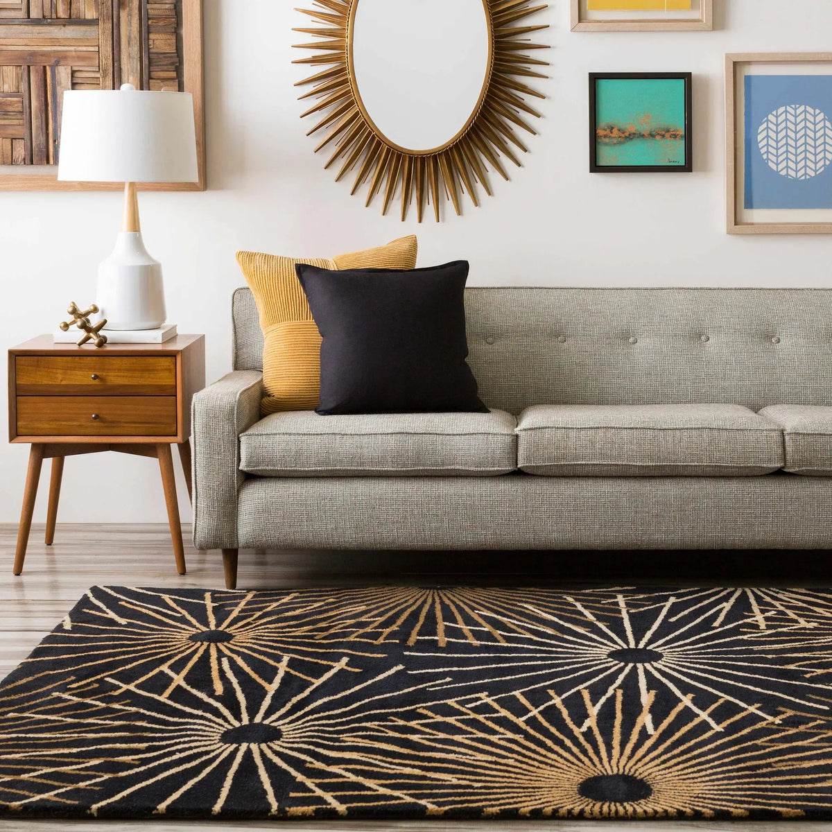 Clover Black Modern Wool Rug, installed in a room
