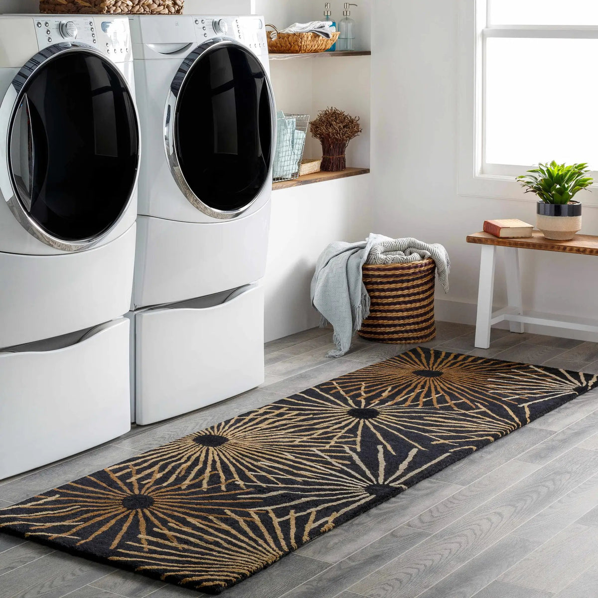 Clover Black Modern Wool Rug, installed in a room 2