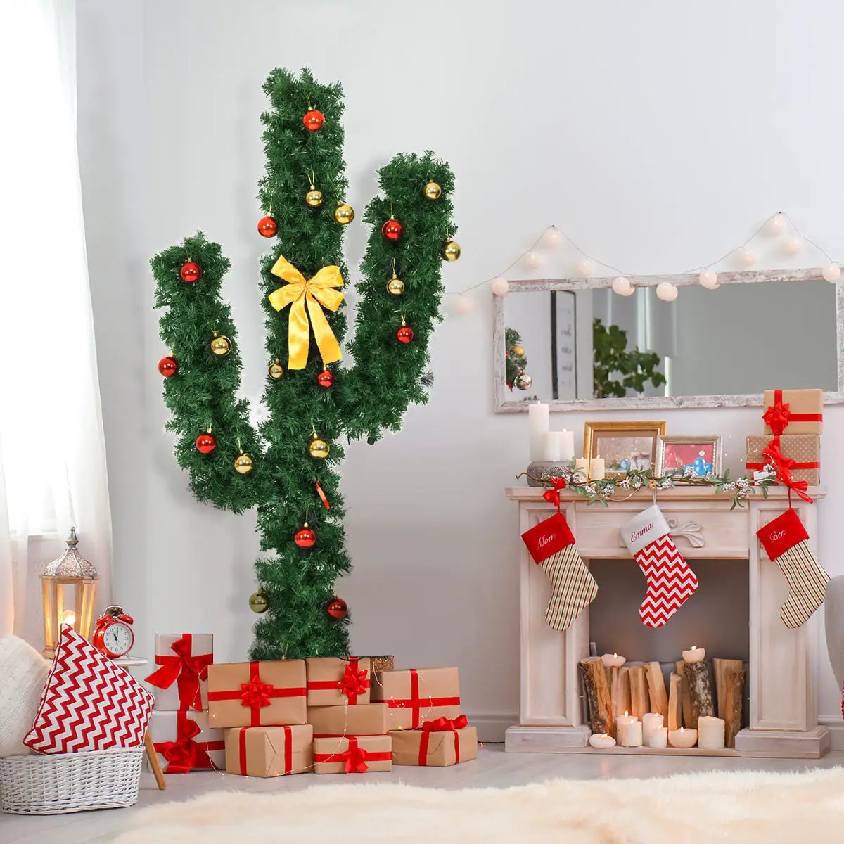 6 Feet Artificial Cactus PVC Christmas Tree with LED Lights and Ball Ornaments, photo 2 of 10