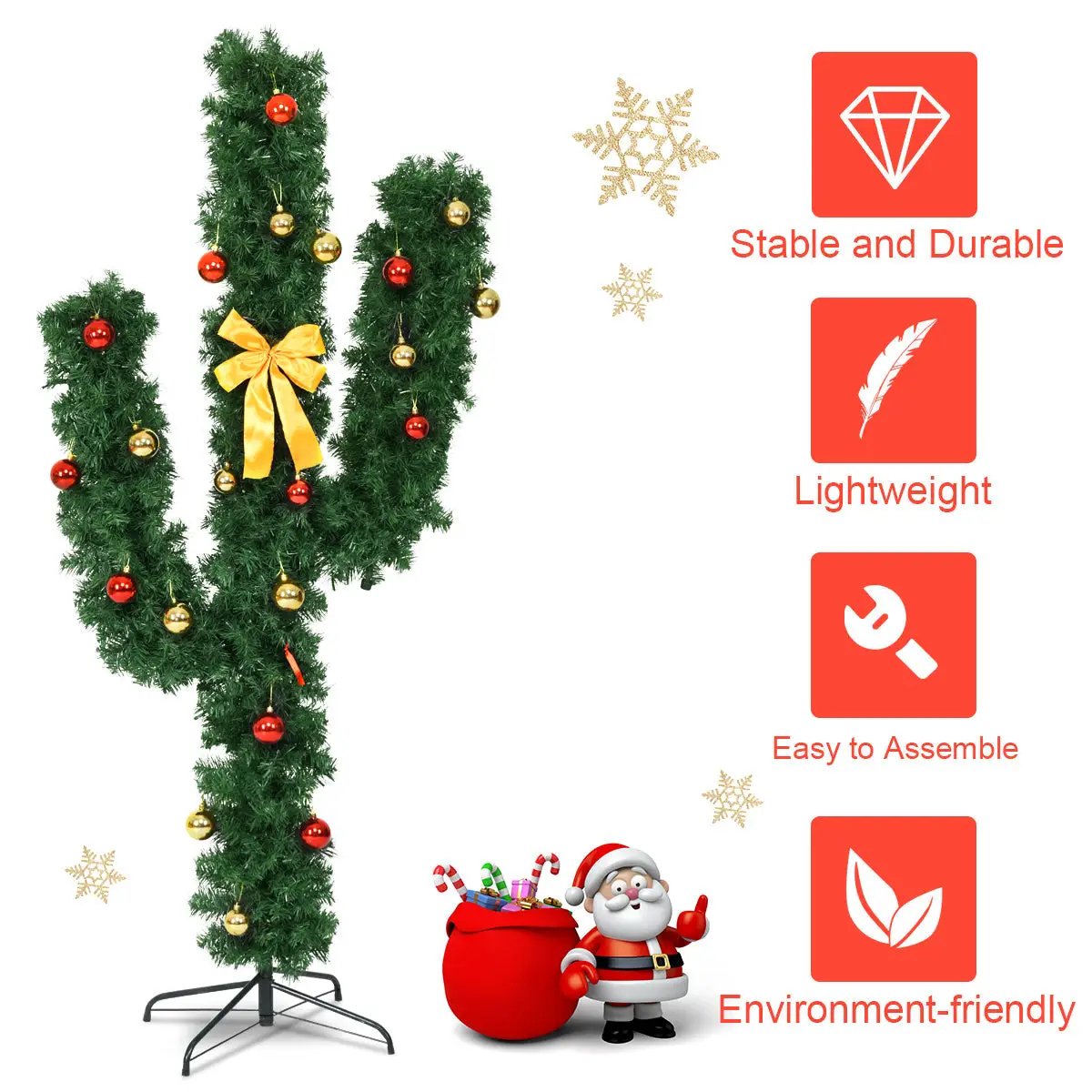 6 Feet Artificial Cactus PVC Christmas Tree with LED Lights and Ball Ornaments, photo 5 of 10