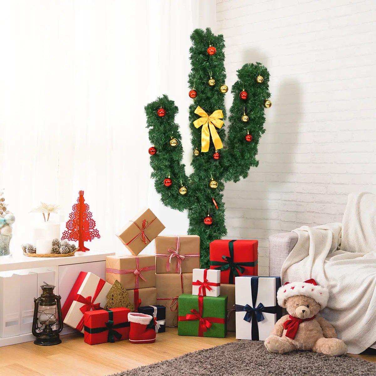 6 Feet Artificial Cactus PVC Christmas Tree with LED Lights and Ball Ornaments