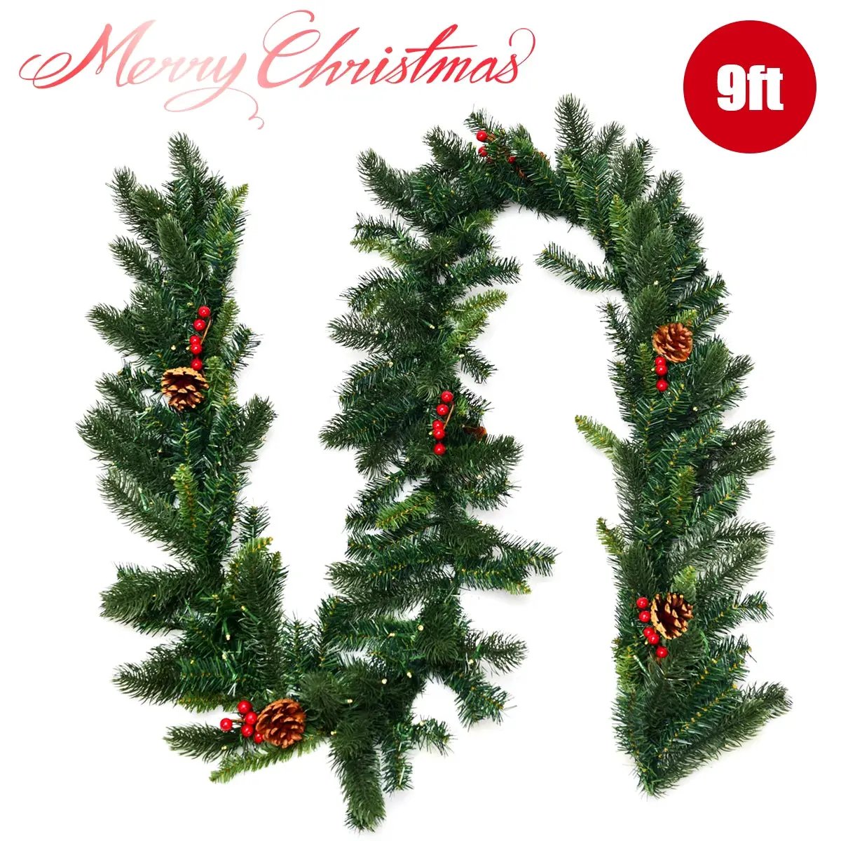 9 Feet Pre-lit Artificial Christmas Garland Red Berries with LED by DirectDeals