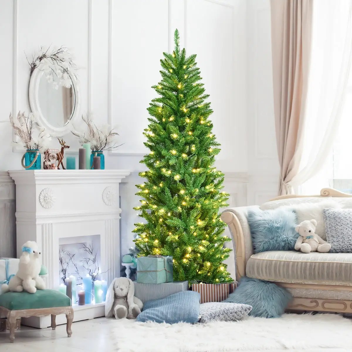 6 Feet PVC Hinged Pre-lit Artificial Fir Pencil Christmas Tree with 150 Lights by DirectDeals