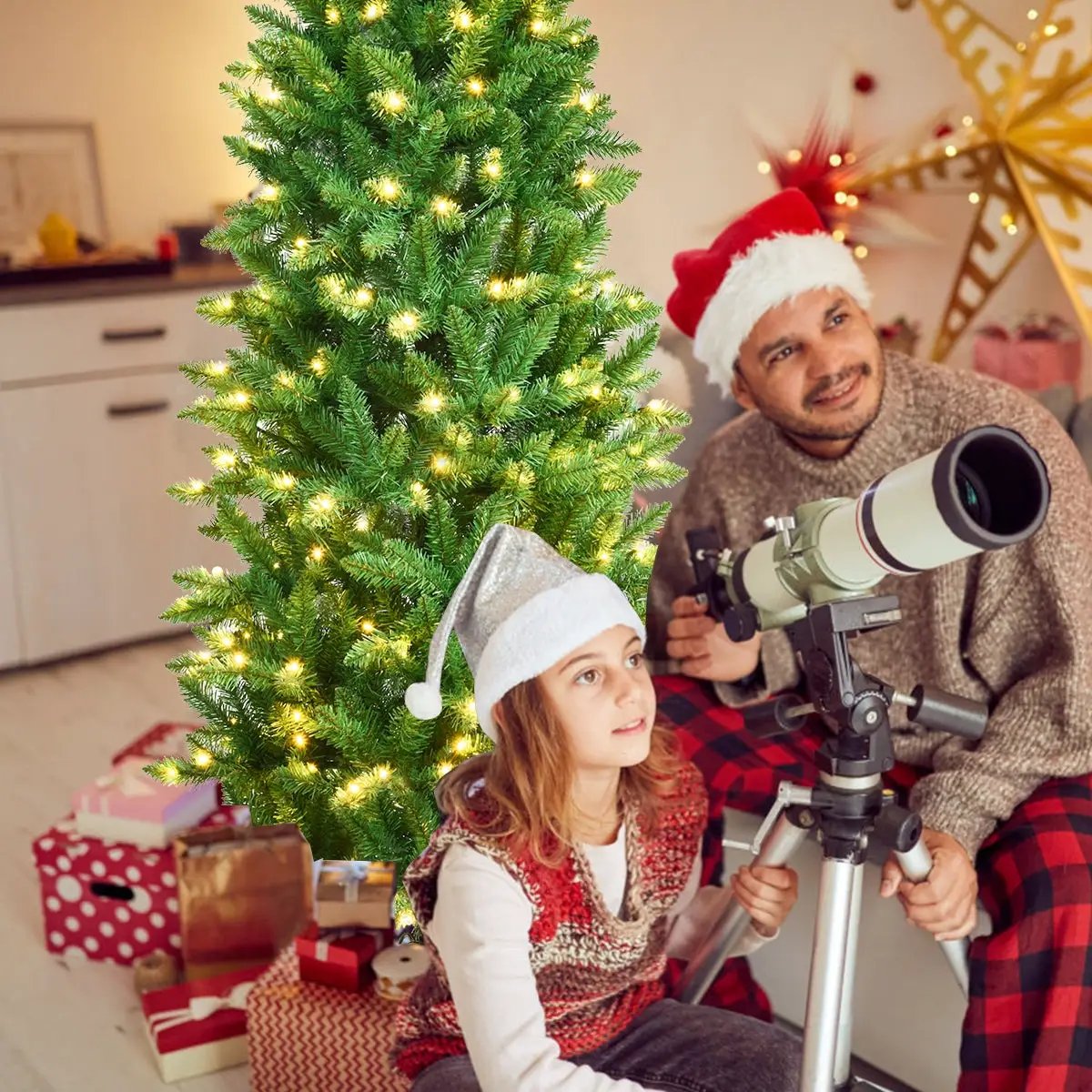 6 Feet PVC Hinged Pre-lit Artificial Fir Pencil Christmas Tree with 150 Lights by DirectDeals
