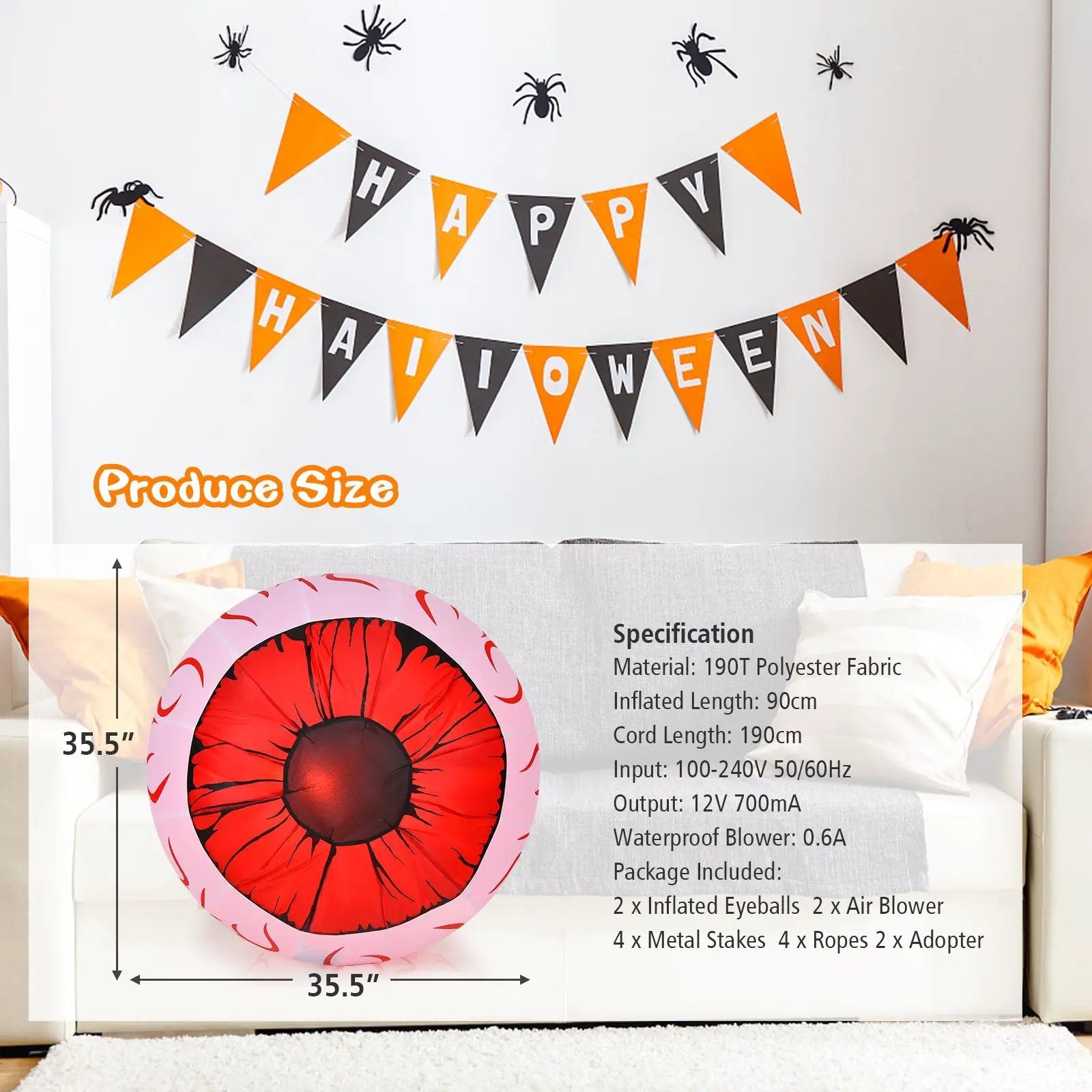 2 Pack 3 Feet Halloween Inflatable Eyeballs with Air Blower by DirectDeals