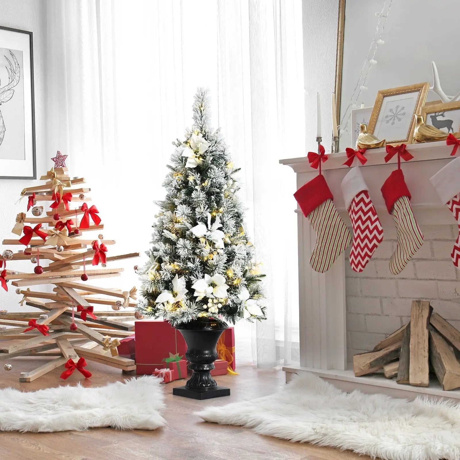 4 Feet Pre-lit Snowy Christmas Entrance Tree with White Berries and Flowers by DirectDeals