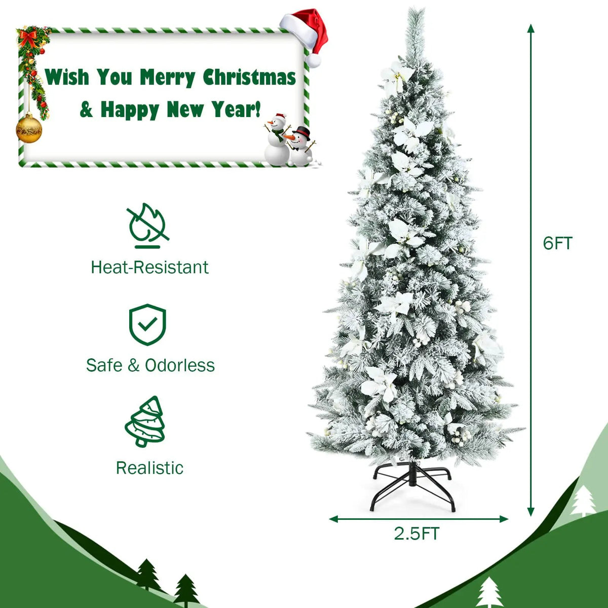 Snow Flocked Christmas Pencil Tree with Berries and Poinsettia Flowers, photo 15 of 28