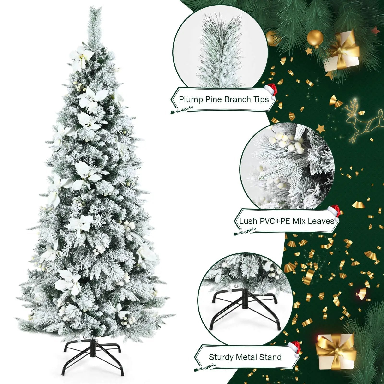 Snow Flocked Christmas Pencil Tree with Berries and Poinsettia Flowers by DirectDeals