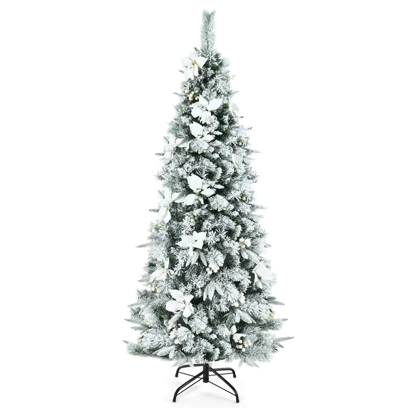 Snow Flocked Christmas Pencil Tree with Berries and Poinsettia Flowers by DirectDeals