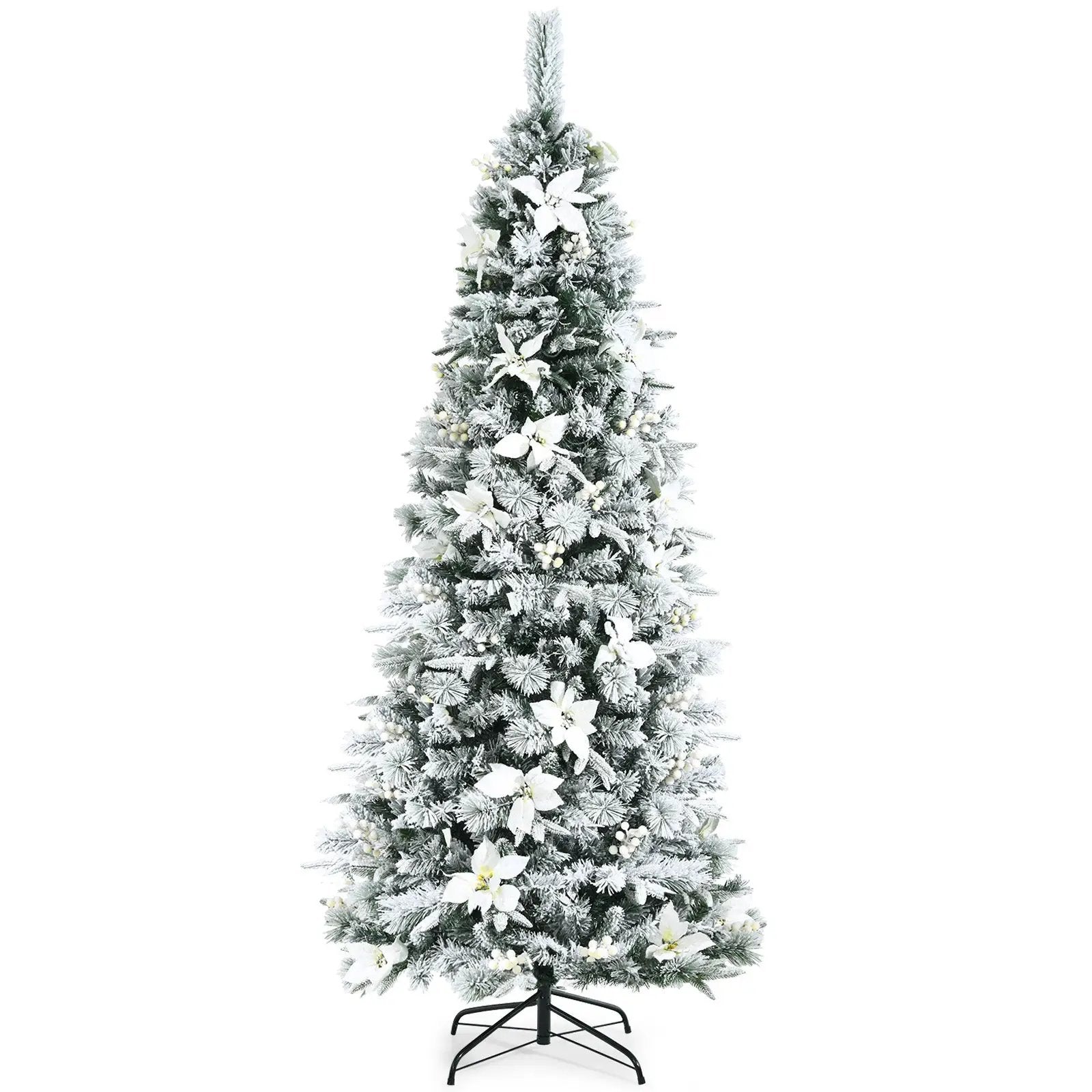 Snow Flocked Christmas Pencil Tree with Berries and Poinsettia Flowers by DirectDeals