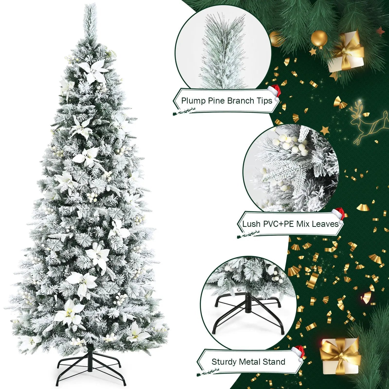 Snow Flocked Christmas Pencil Tree with Berries and Poinsettia Flowers by DirectDeals