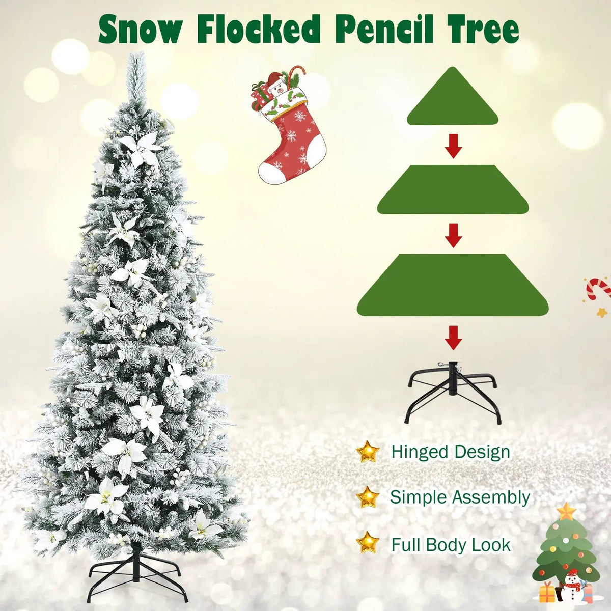 Snow Flocked Christmas Pencil Tree with Berries and Poinsettia Flowers, photo 22 of 28