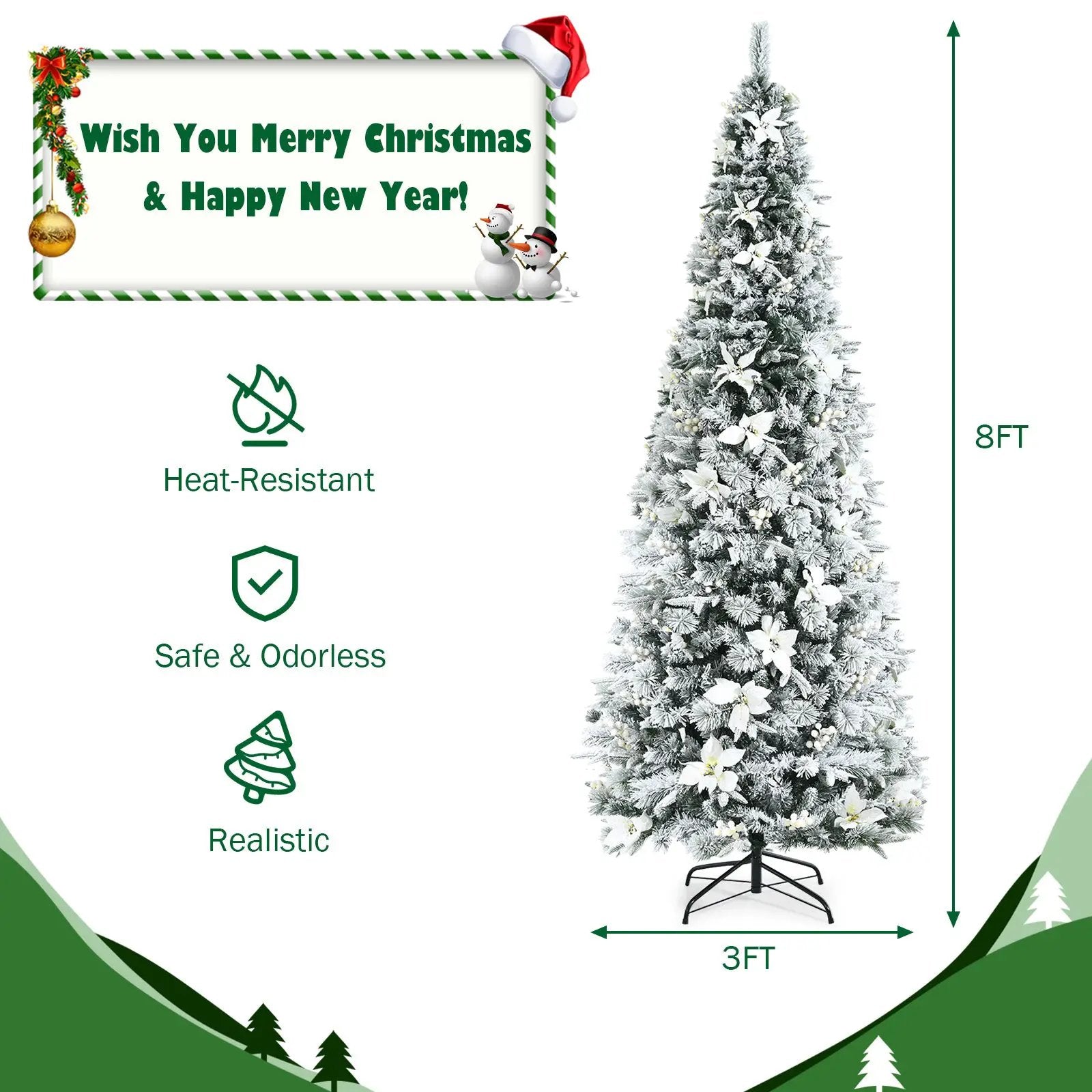 Snow Flocked Christmas Pencil Tree with Berries and Poinsettia Flowers by DirectDeals
