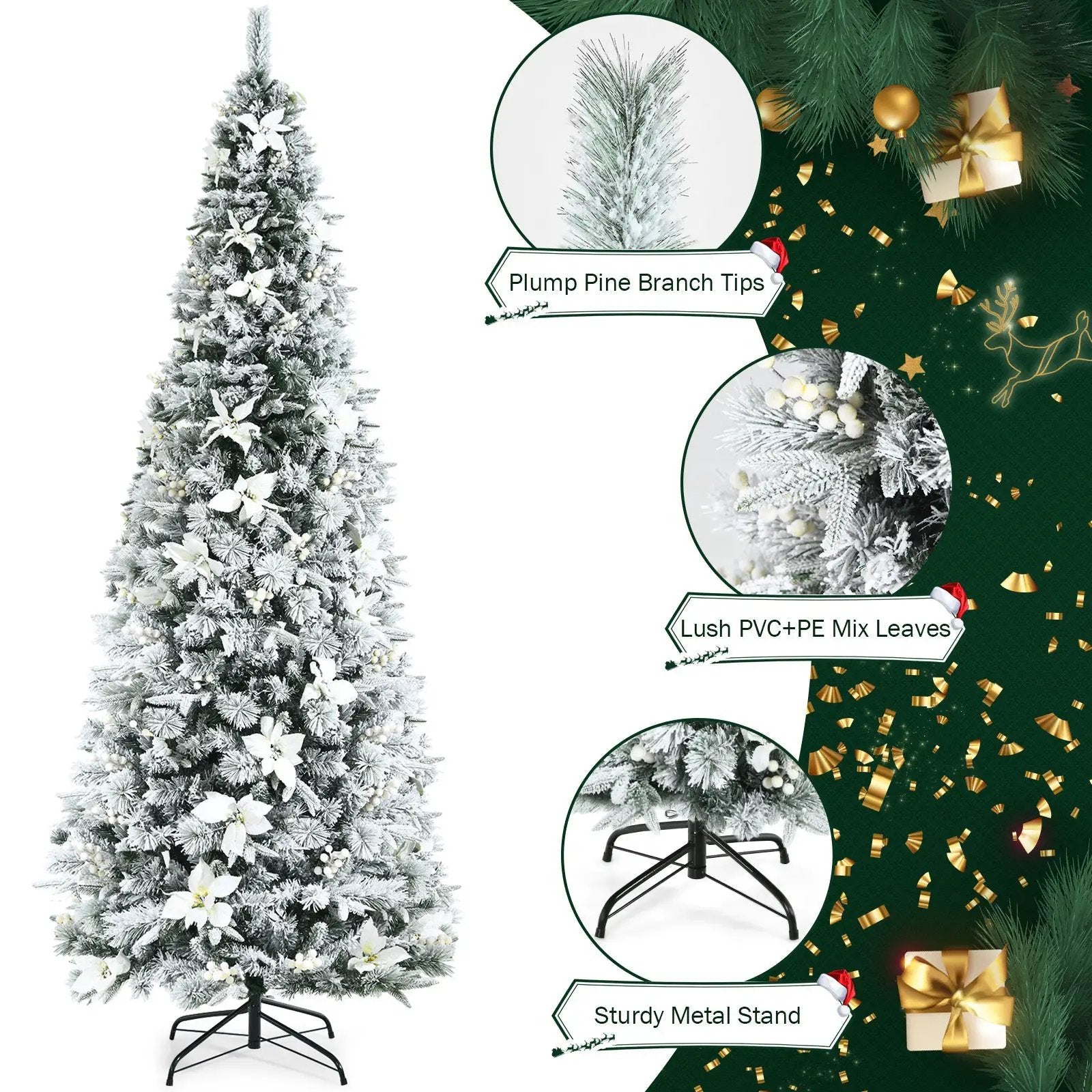 Snow Flocked Christmas Pencil Tree with Berries and Poinsettia Flowers by DirectDeals