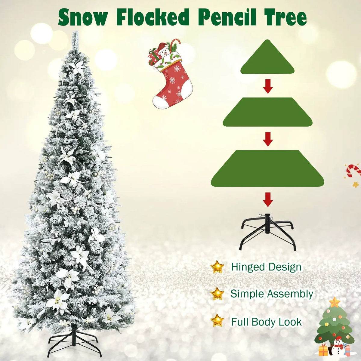 Snow Flocked Christmas Pencil Tree with Berries and Poinsettia Flowers, photo 24 of 28