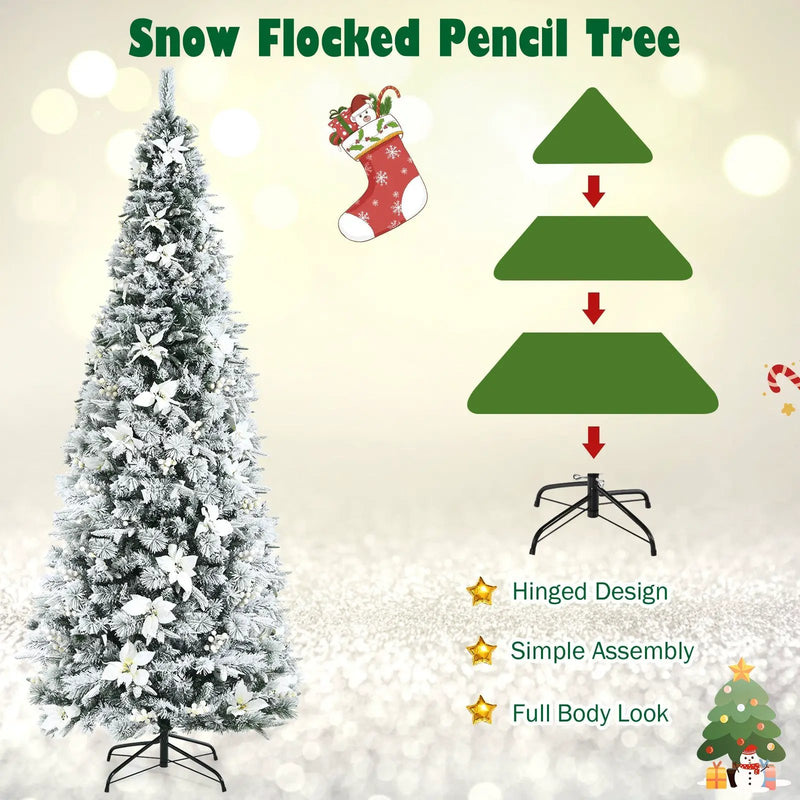 Snow Flocked Christmas Pencil Tree with Berries and Poinsettia Flowers by DirectDeals