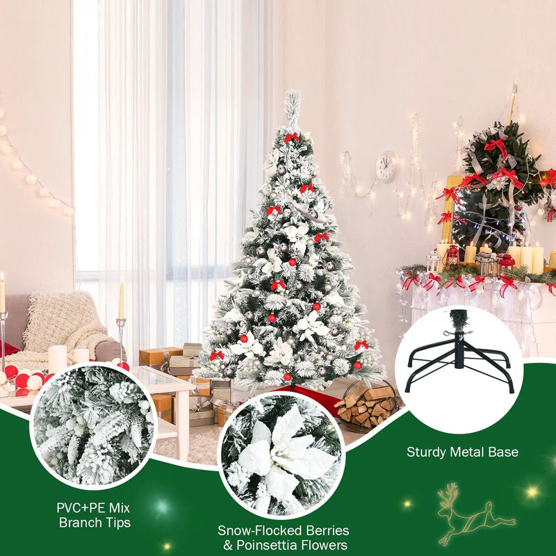 Snow Flocked Christmas Pencil Tree with Berries and Poinsettia Flowers by DirectDeals