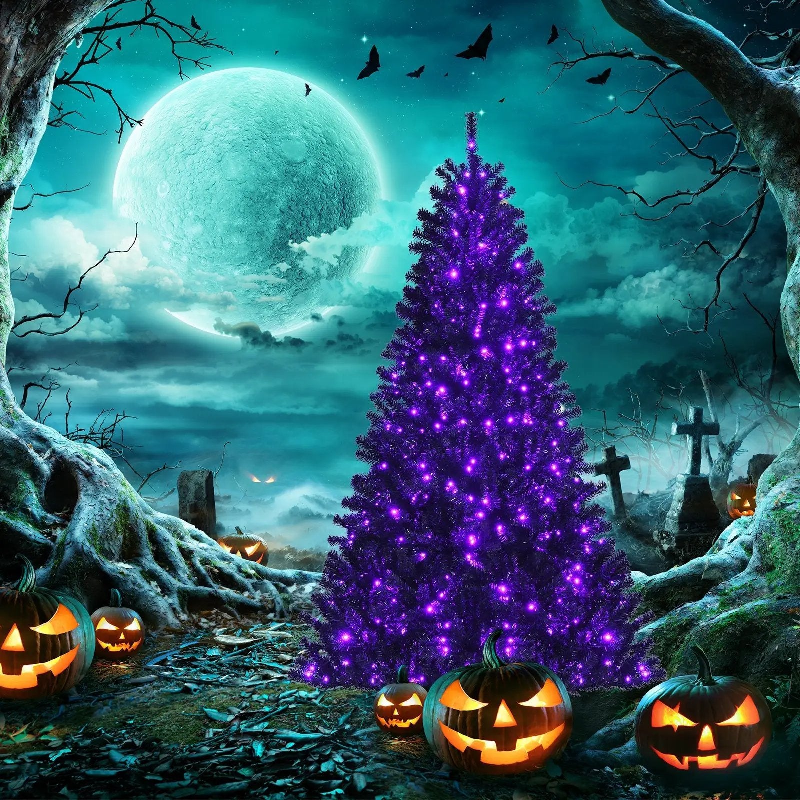 Black Artificial Christmas Halloween Tree with Purple LED Lights by DirectDeals