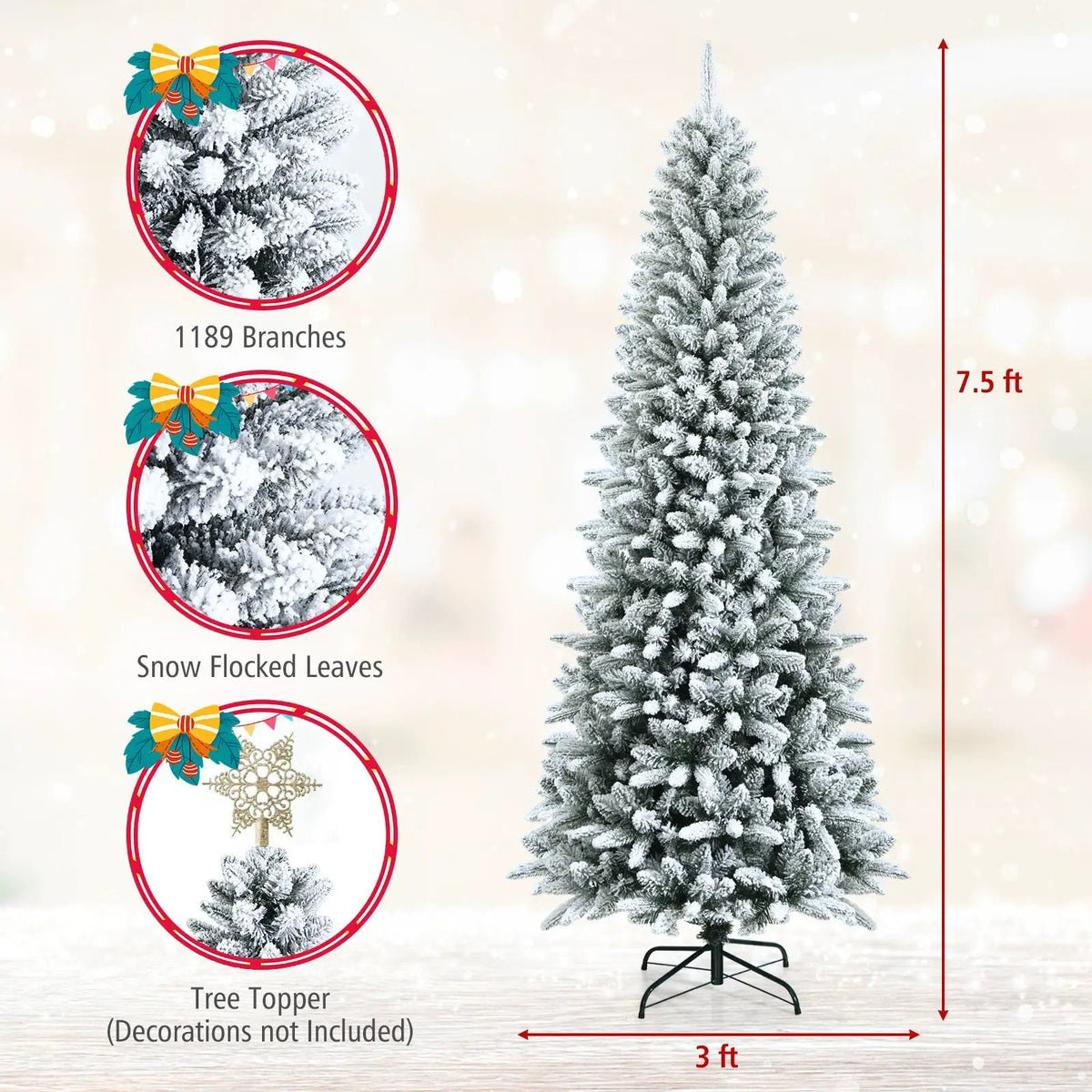 Snow-Flocked Hinged Artificial Christmas Pencil Tree with Mixed Tips, photo 4 of 9