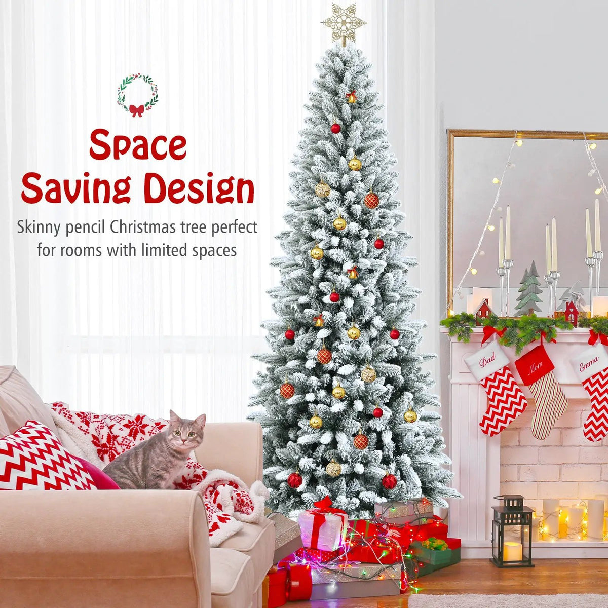 Snow-Flocked Hinged Artificial Christmas Pencil Tree with Mixed Tips, photo 6 of 9
