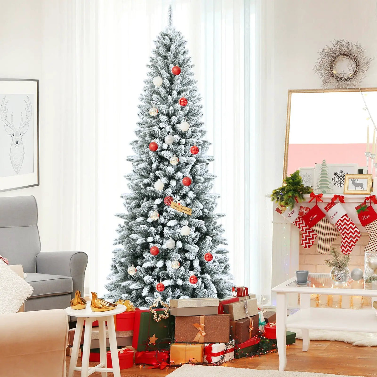 Snow-Flocked Hinged Artificial Christmas Pencil Tree with Mixed Tips, photo 2 of 9