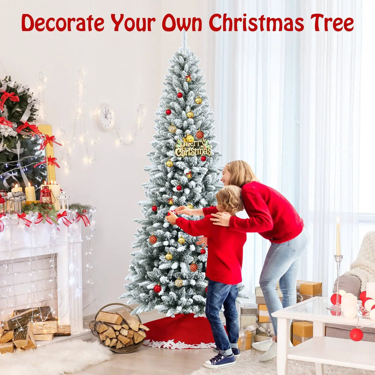 Snow-Flocked Hinged Artificial Christmas Pencil Tree with Mixed Tips, photo 5 of 9