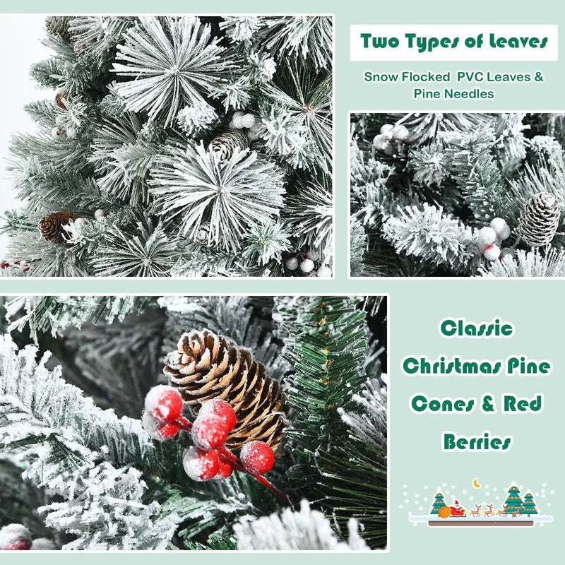 8 Feet Snow Flocked Christmas Tree Glitter Tips with Pine Cone and Red Berries by DirectDeals