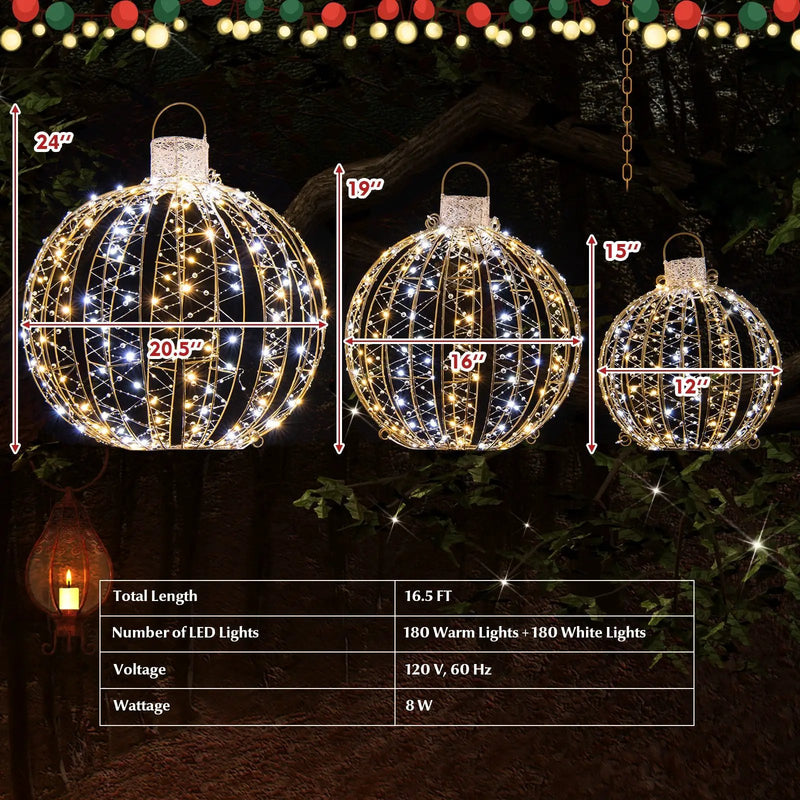 3 Pack Christmas LED Light Balls with Cable Ties and 6 Stakes-Golden by DirectDeals