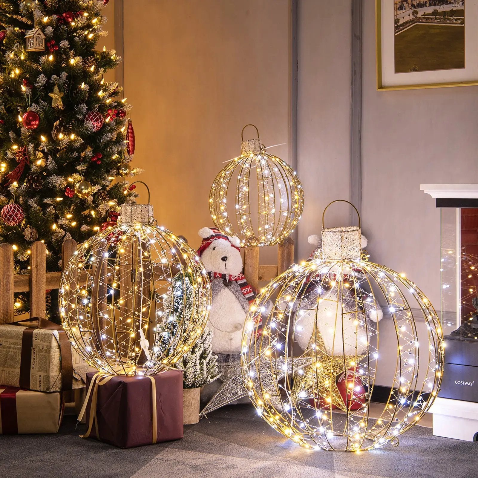 3 Pack Christmas LED Light Balls with Cable Ties and 6 Stakes-Golden by DirectDeals