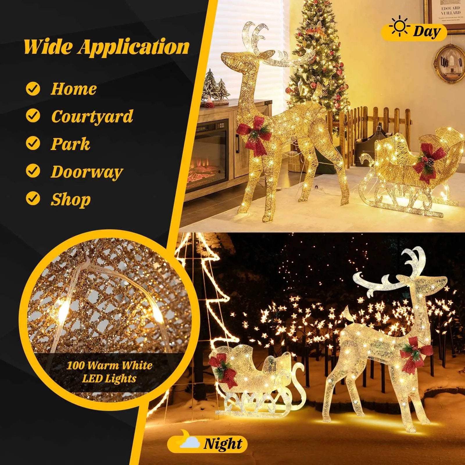 Christmas Reindeer Sleigh Decoration with 100 Lights-Golden by DirectDeals