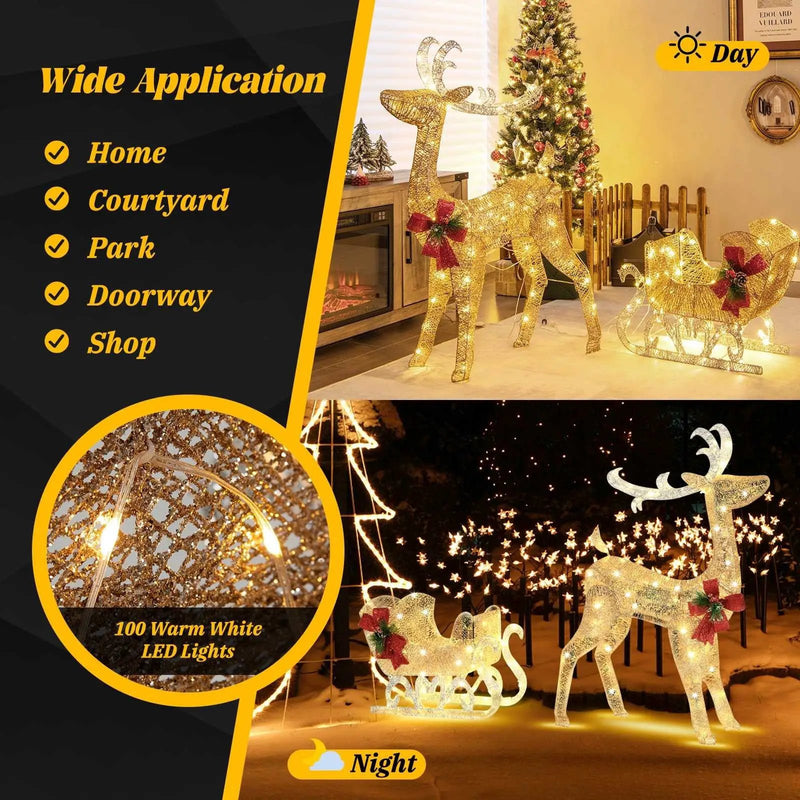 Christmas Reindeer Sleigh Decoration with 100 Lights-Golden by DirectDeals