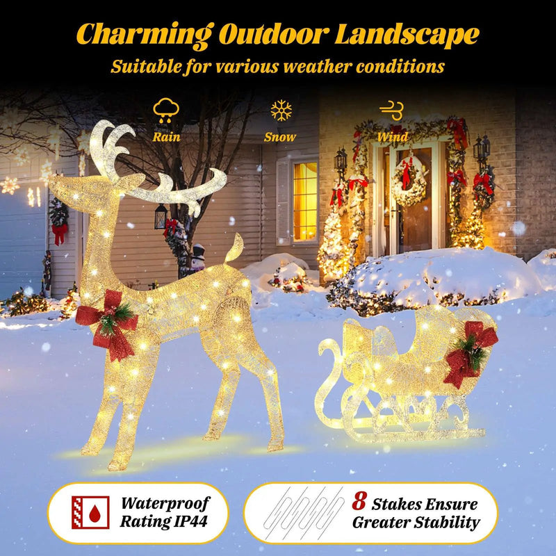 Christmas Reindeer Sleigh Decoration with 100 Lights-Golden by DirectDeals