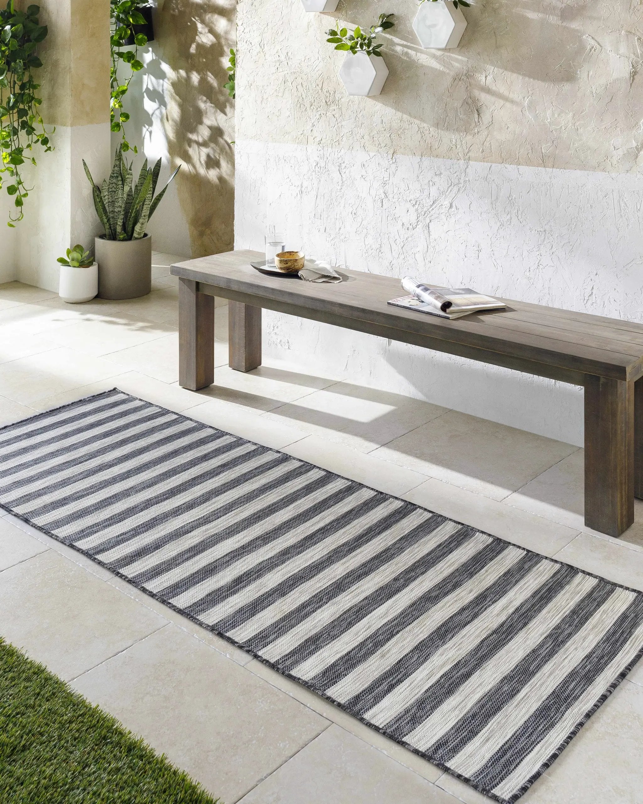 Bongaree Black&Gray Striped Flatweave Outdoor Carpet - Clearance by Boutique Rugs