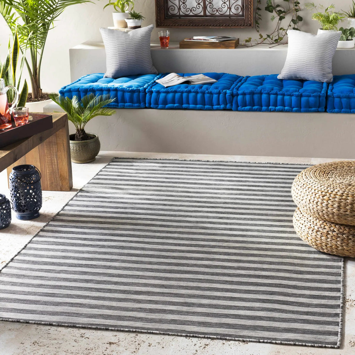 Bongaree Black&Gray Striped Flatweave Outdoor Carpet - Clearance, installed in a room
