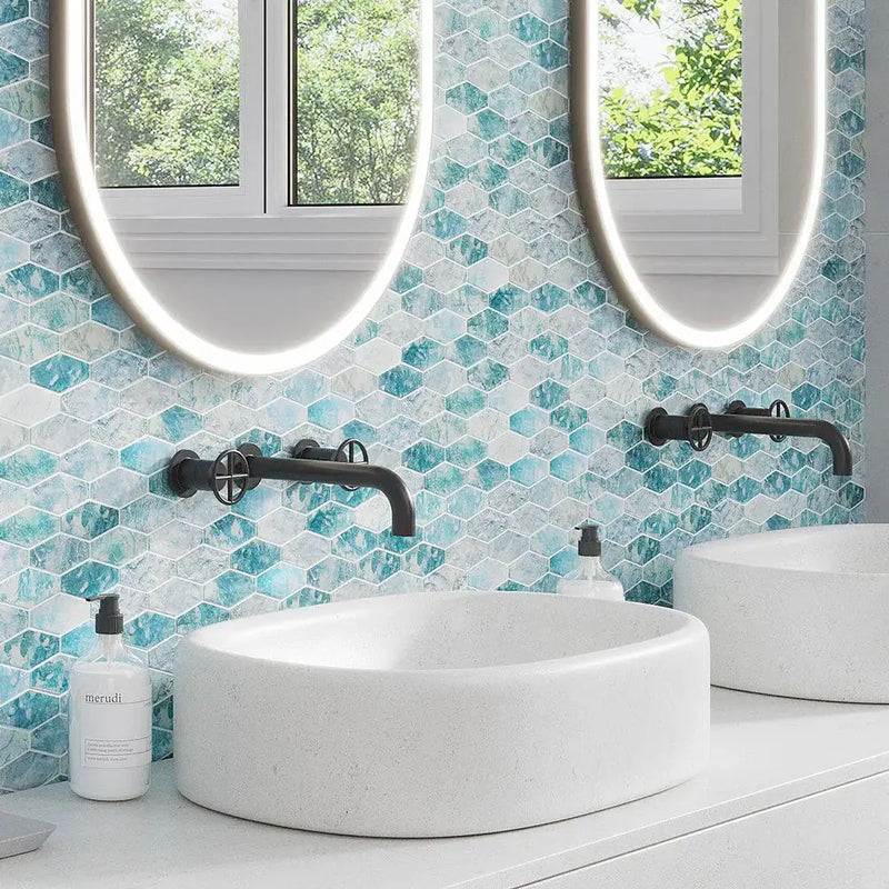Aqua 11x12 Matte Elongated Hexagon Glass Mosaic Tile (10 pack, 8.6 sq ft/case) by Apollo Tile