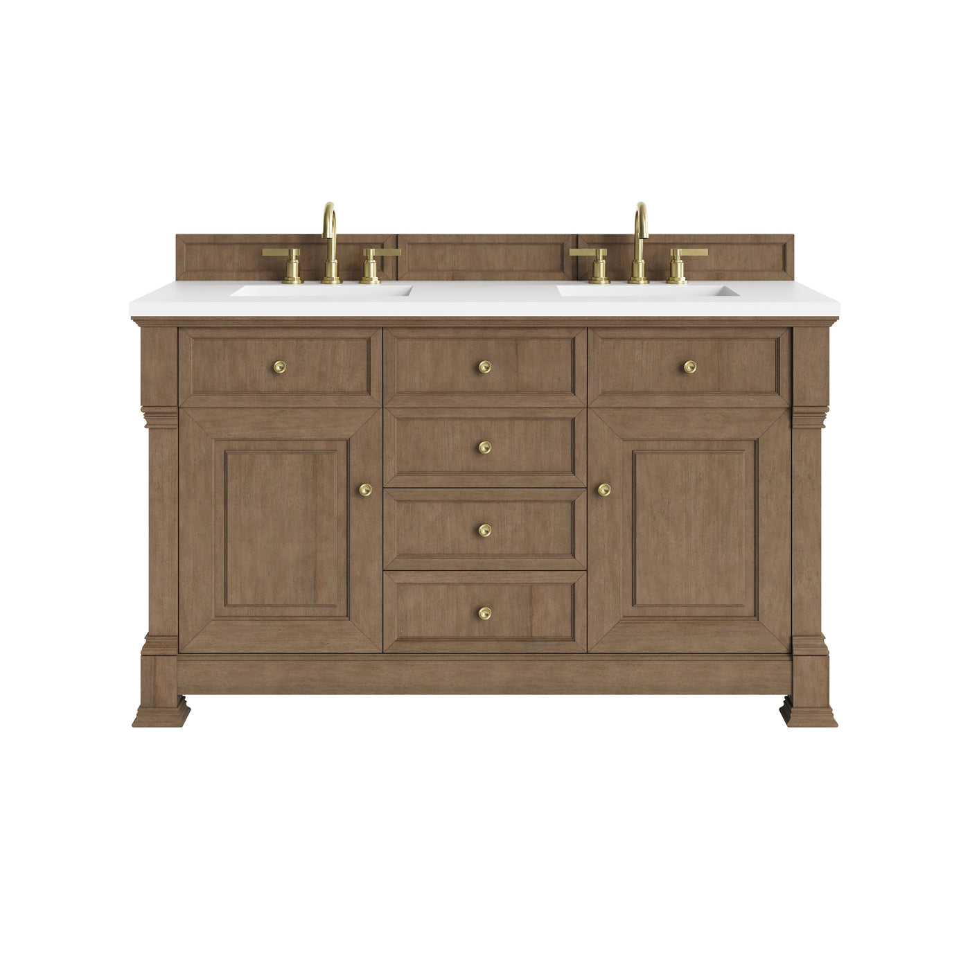 James Martin Brookfield 60" Double Bathroom Vanity, Pecan with White Zeus countertop