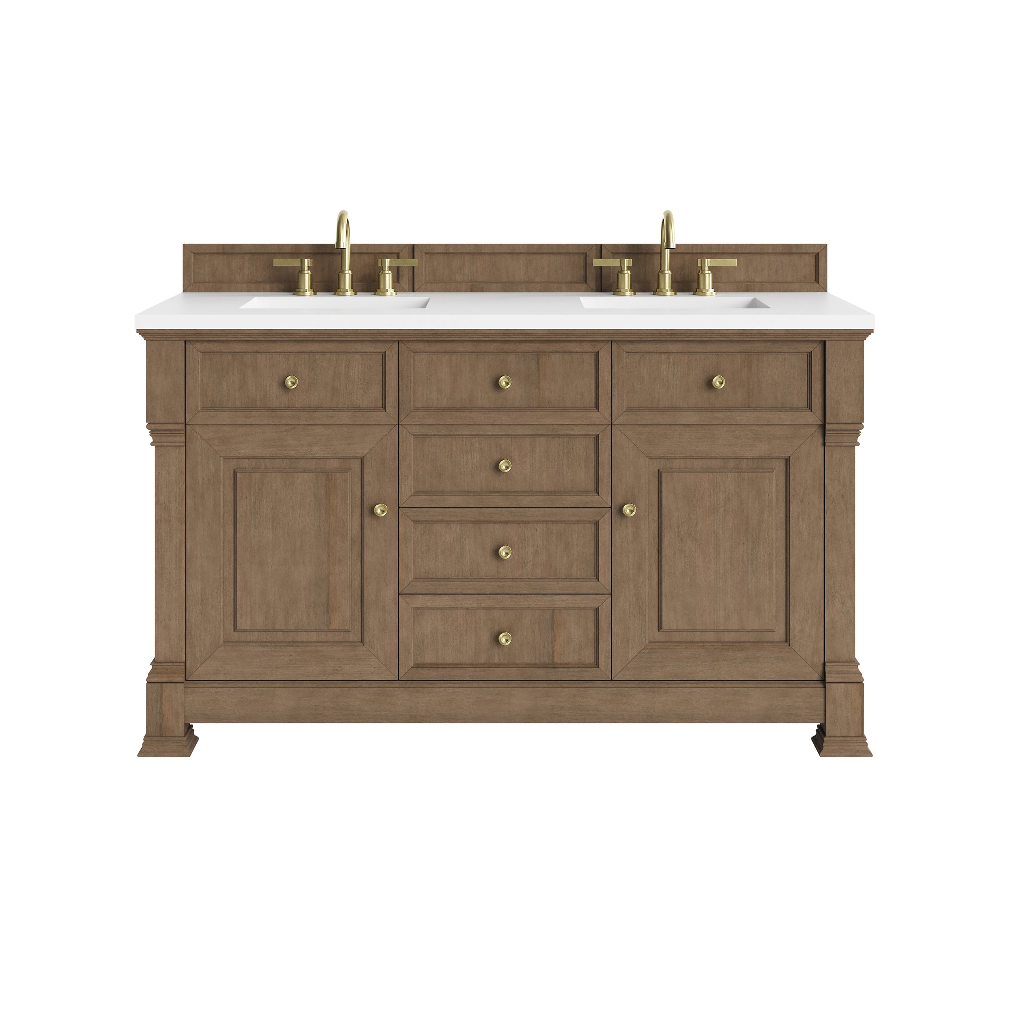 James Martin Brookfield 60" Double Bathroom Vanity, Pecan with White Zeus countertop