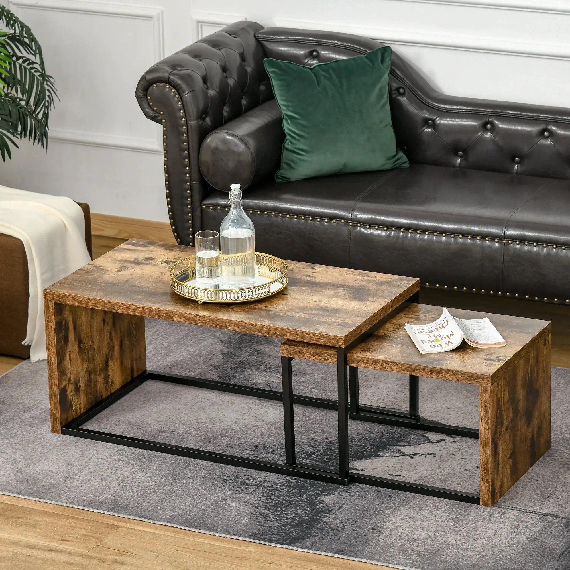 Coffee Tables Nesting Table Set of 2 Side Table w/ Metal Frame for Living Room Bedroom Black & Brown by House Of Avana