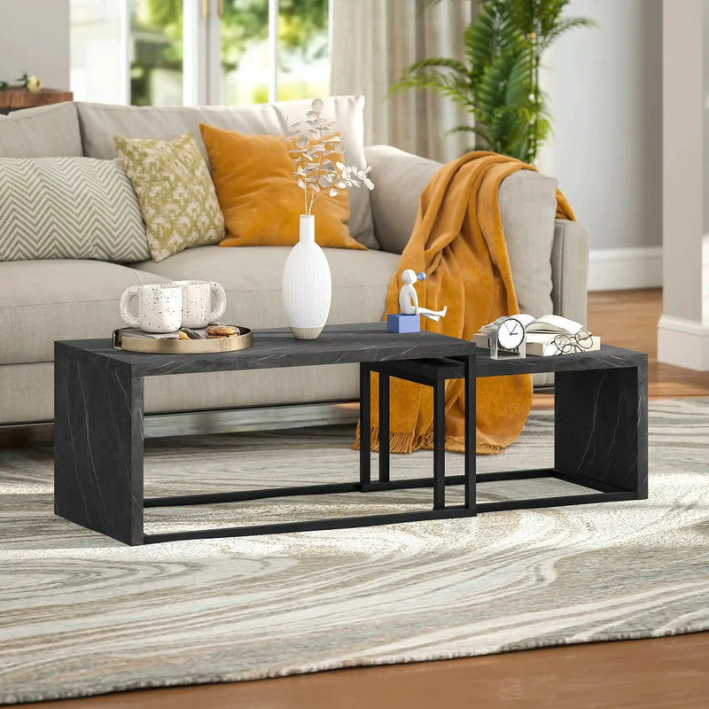 Coffee Tables Nesting Table Set of 2 Side Table w/ Metal Frame for Living Room Bedroom Black & Brown by House Of Avana