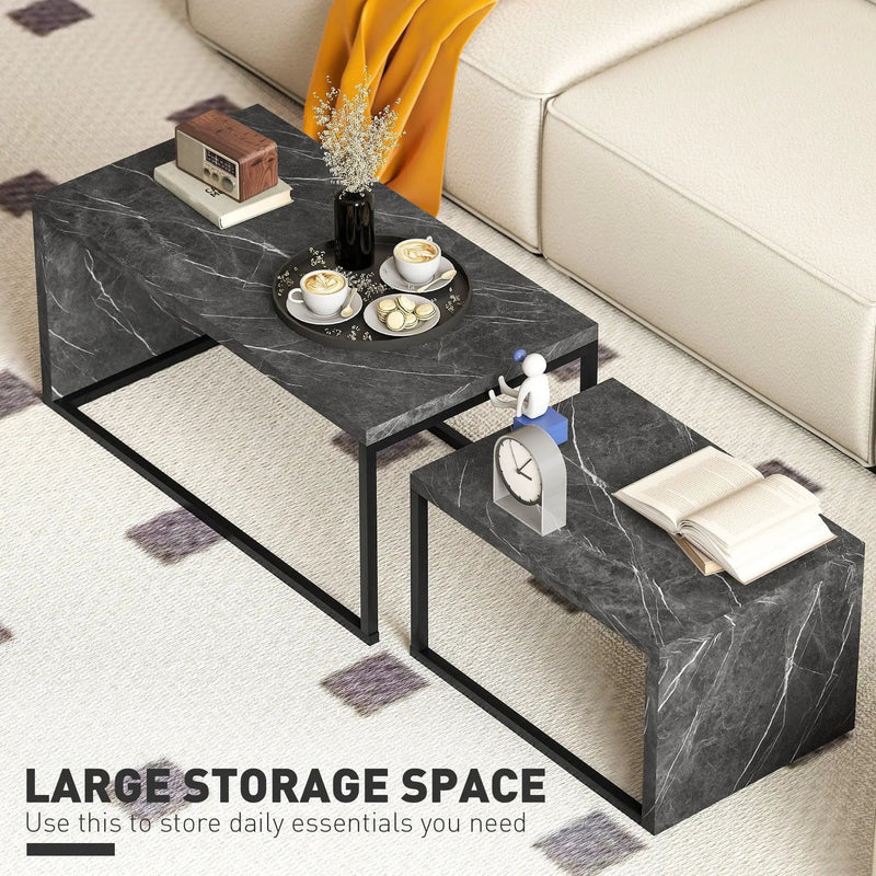 Coffee Tables Nesting Table Set of 2 Side Table w/ Metal Frame for Living Room Bedroom Black & Brown by House Of Avana