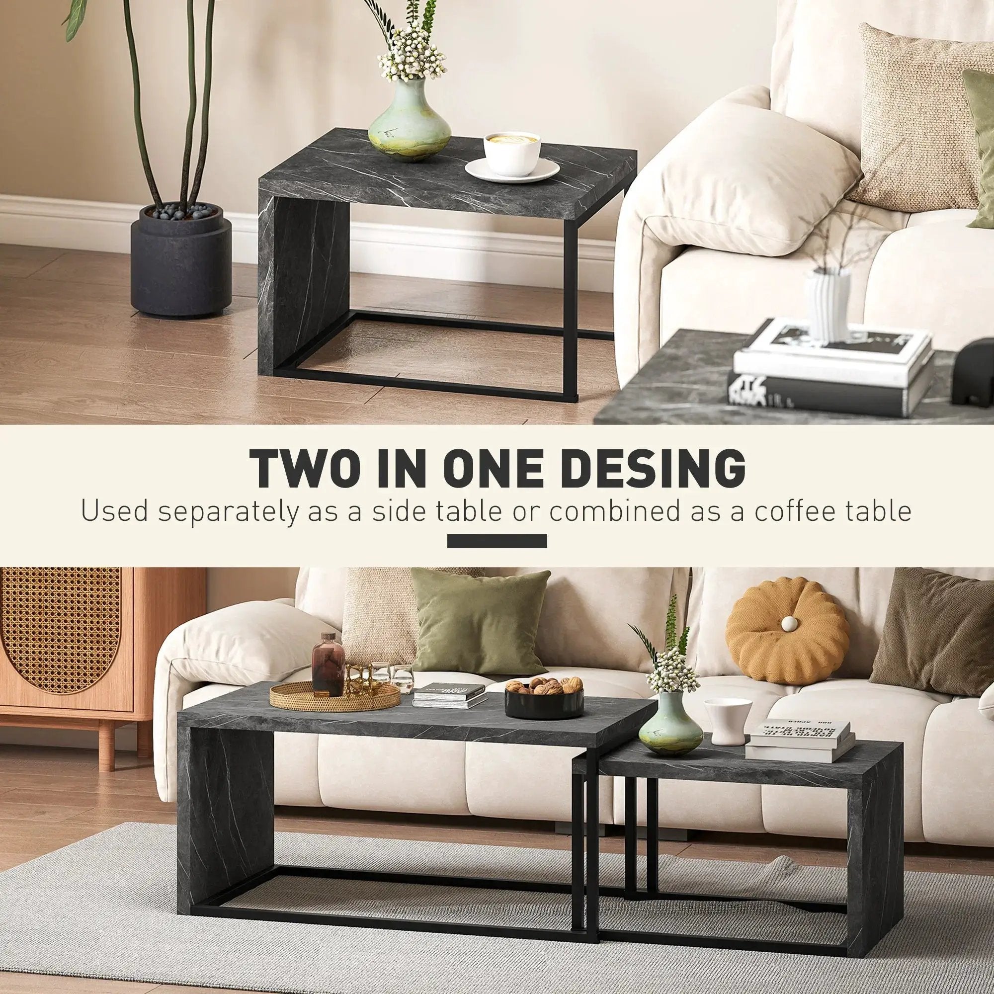 Coffee Tables Nesting Table Set of 2 Side Table w/ Metal Frame for Living Room Bedroom Black & Brown by House Of Avana