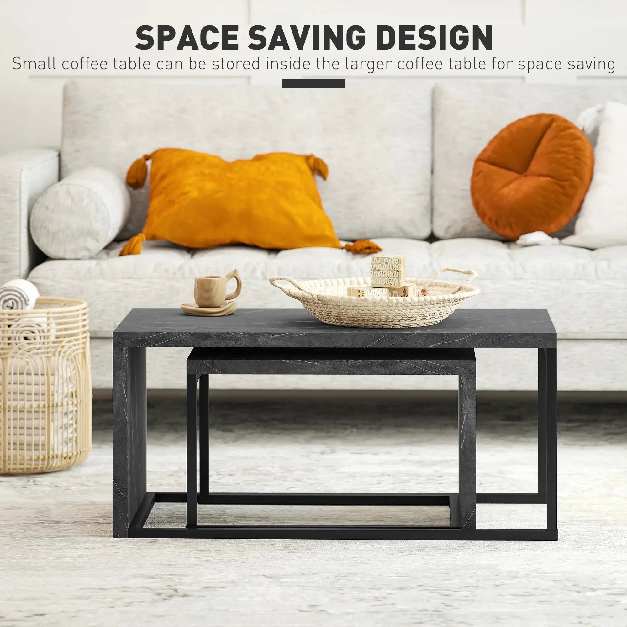 Coffee Tables Nesting Table Set of 2 Side Table w/ Metal Frame for Living Room Bedroom Black & Brown by House Of Avana