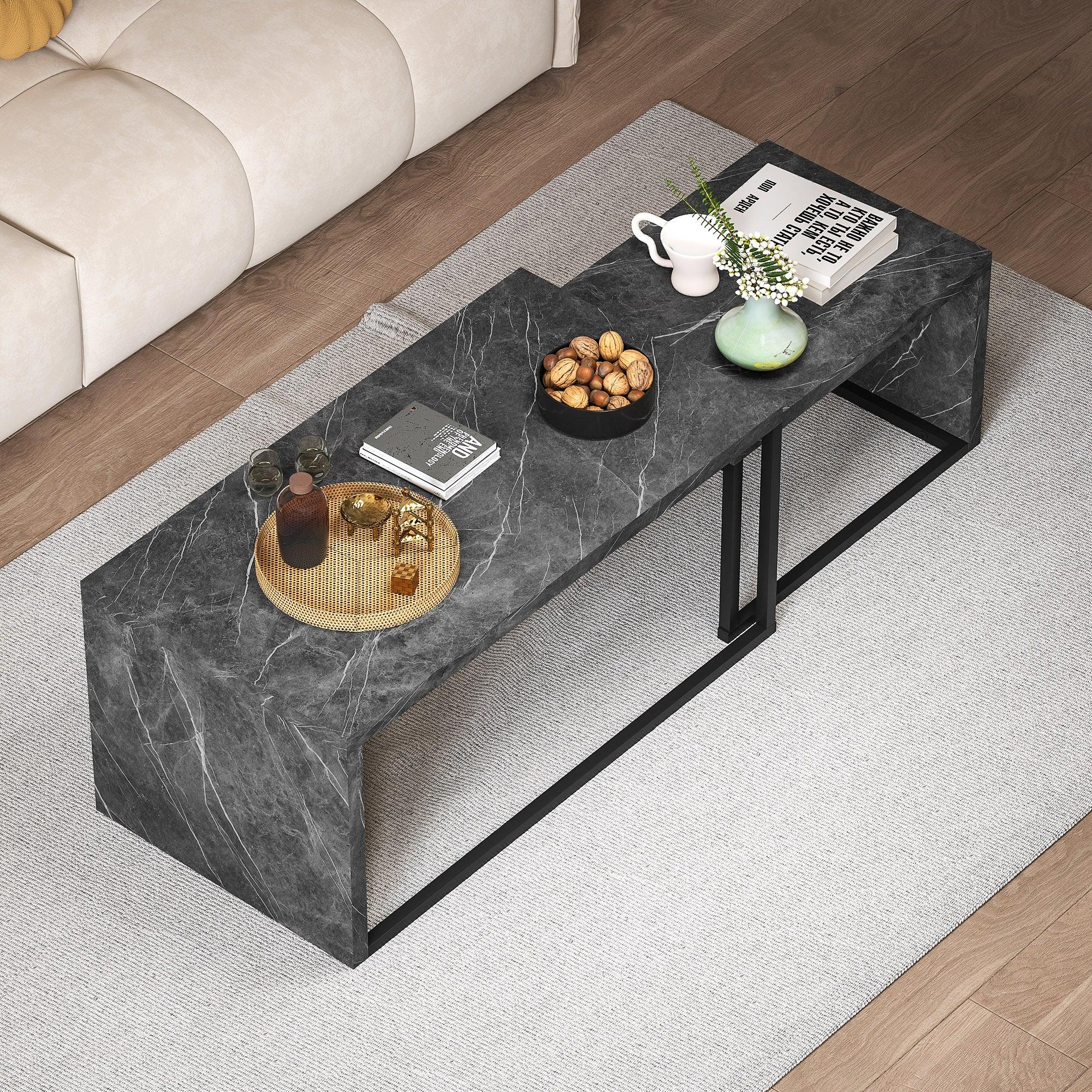 Coffee Tables Nesting Table Set of 2 Side Table w/ Metal Frame for Living Room Bedroom Black & Brown by House Of Avana