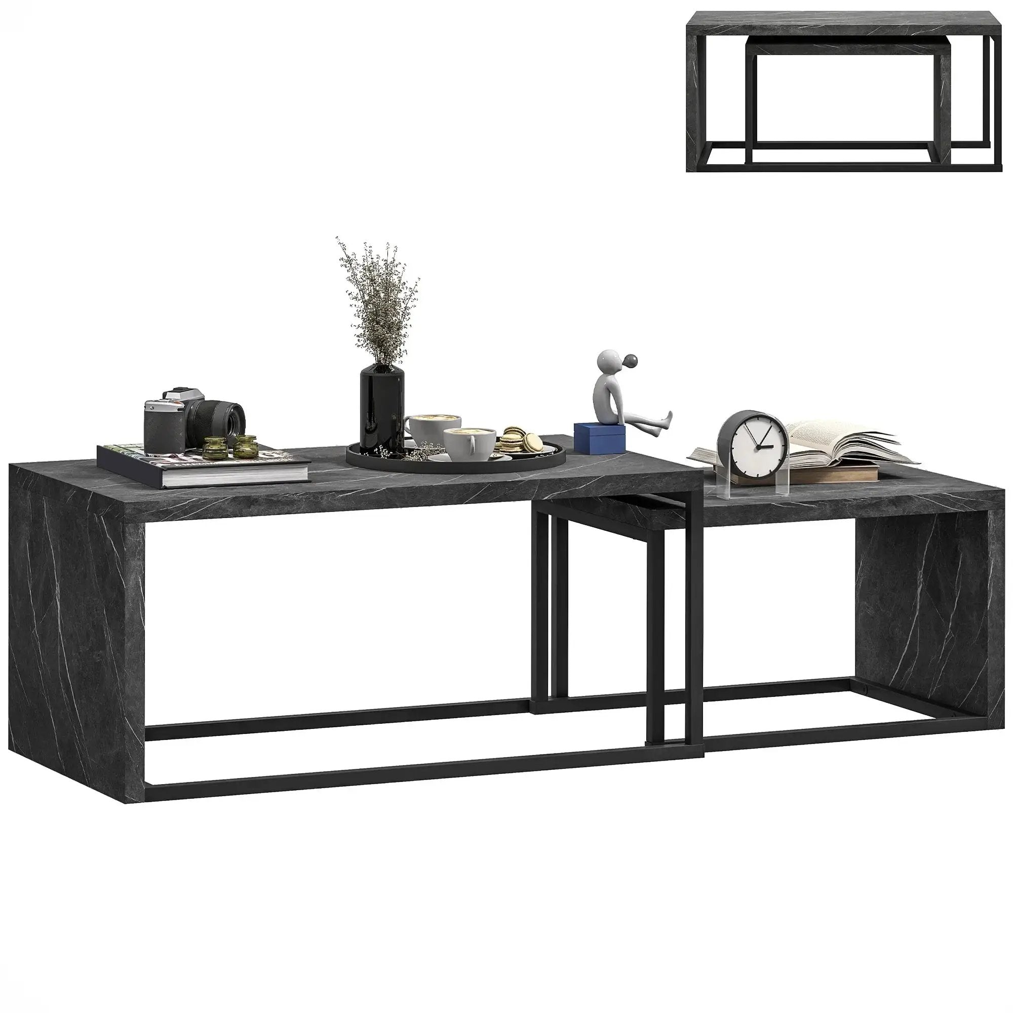 Coffee Tables Nesting Table Set of 2 Side Table w/ Metal Frame for Living Room Bedroom Black & Brown by House Of Avana